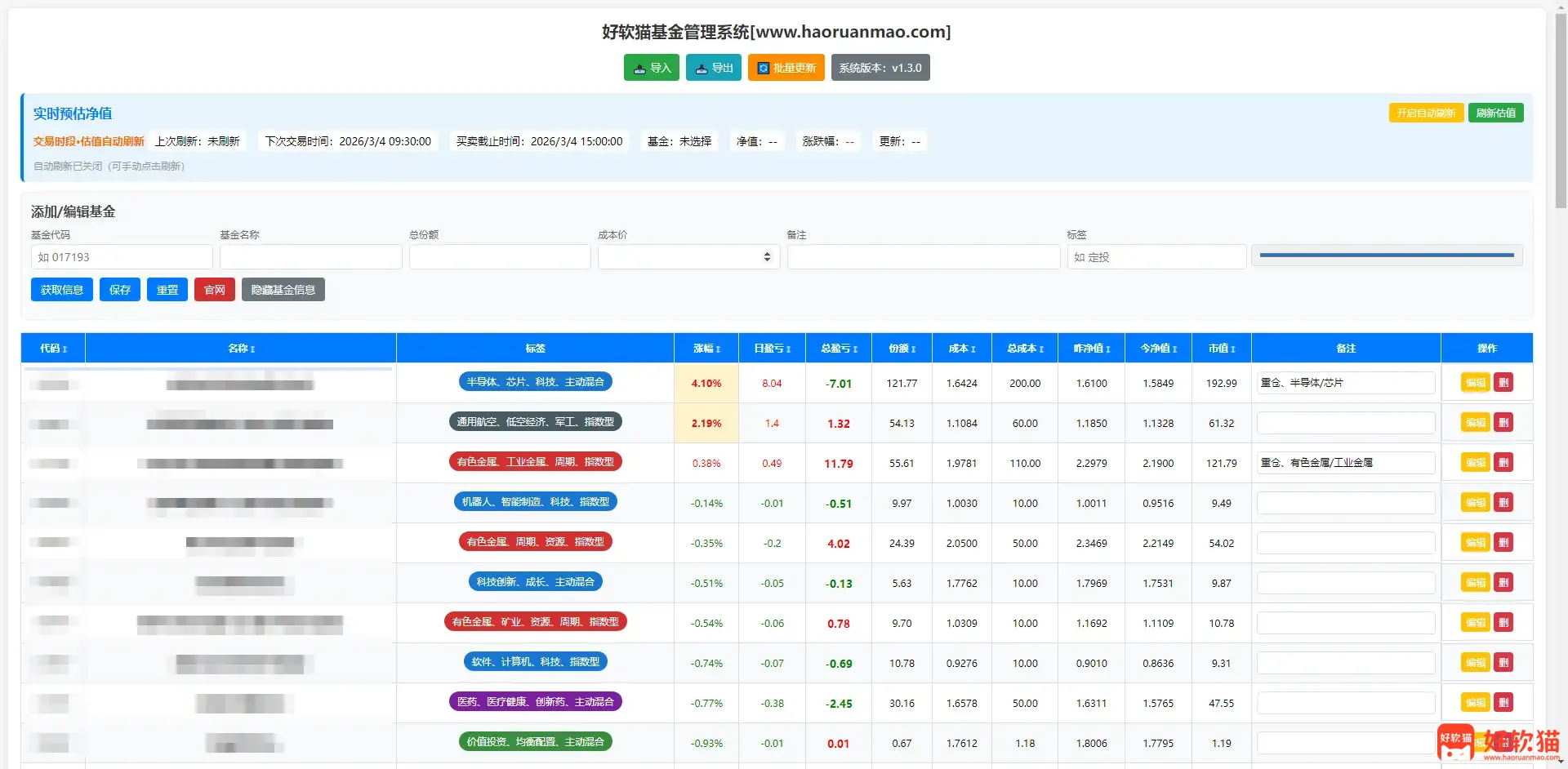 好软猫基金管理系统源码 v1.3.0 实时估值+自动刷新+买卖建议+导入导出+隐藏信息 1 84cef2963820260304142140