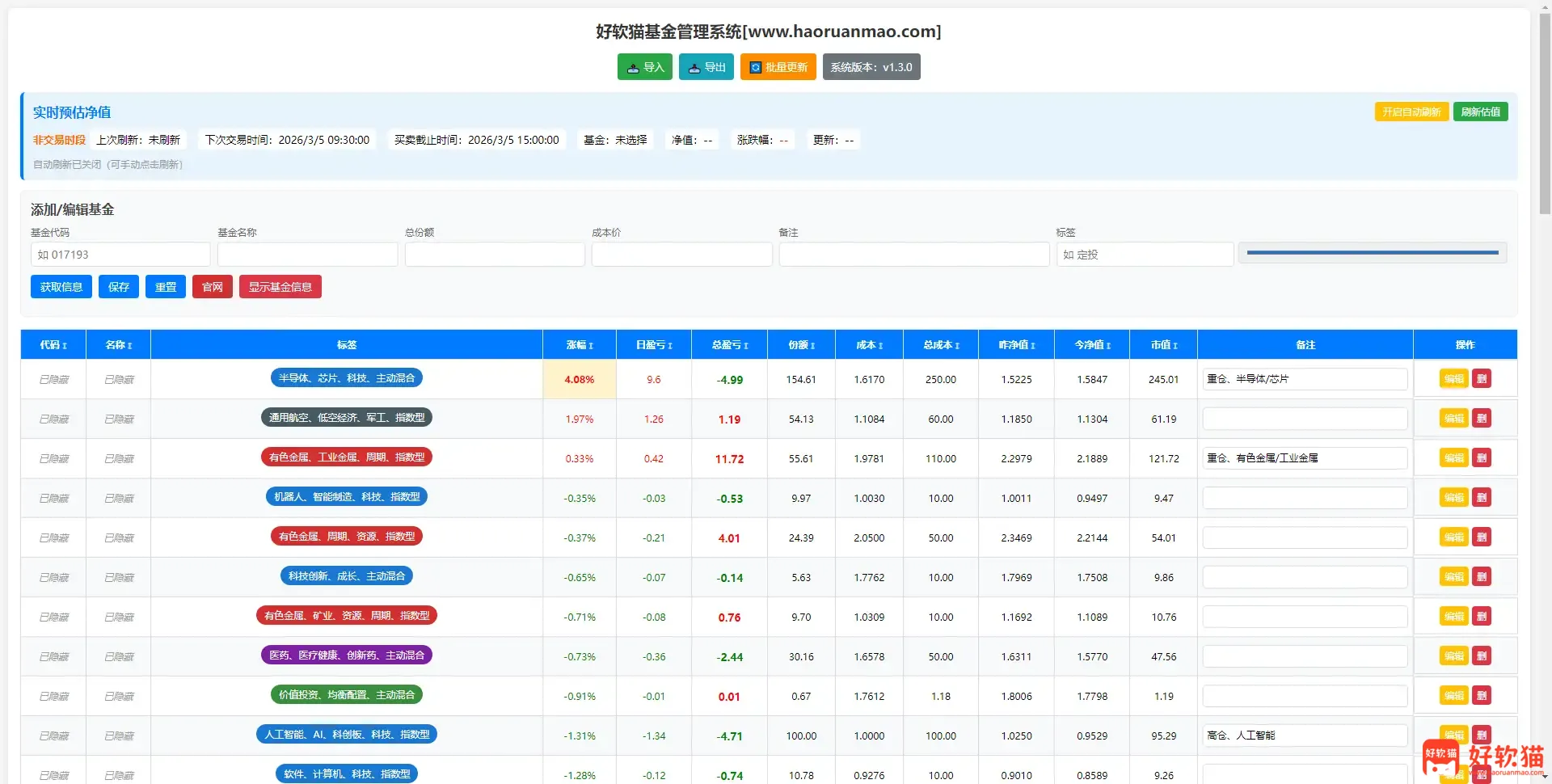 好软猫基金管理系统源码 v1.3.0 实时估值+自动刷新+买卖建议+导入导出+隐藏信息 3 a923180e1b20260304153903